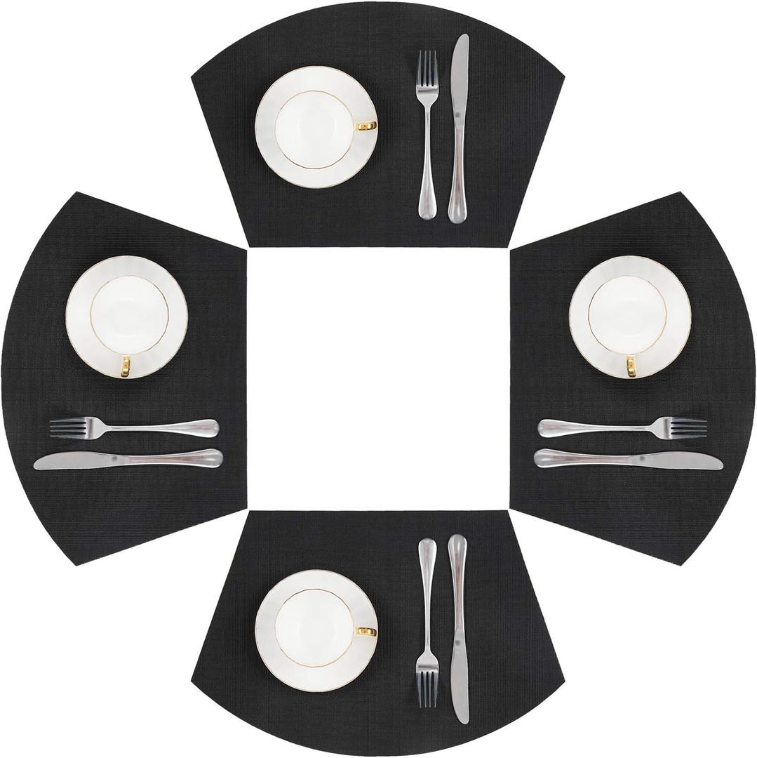 SHACOS Round Table Placemats Wedge Placemat Set of 4 Non Slip Heat Resistant Woven Vinyl Table Mats Wipe Clean Indoor Outdoor (4, Black)