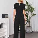 LOOKBOHO Women Dressy Casual Jumpsuits Elegant High Waist Side Ruched Romper Summer Short Sleeves Wide Leg Pants (Black, S)