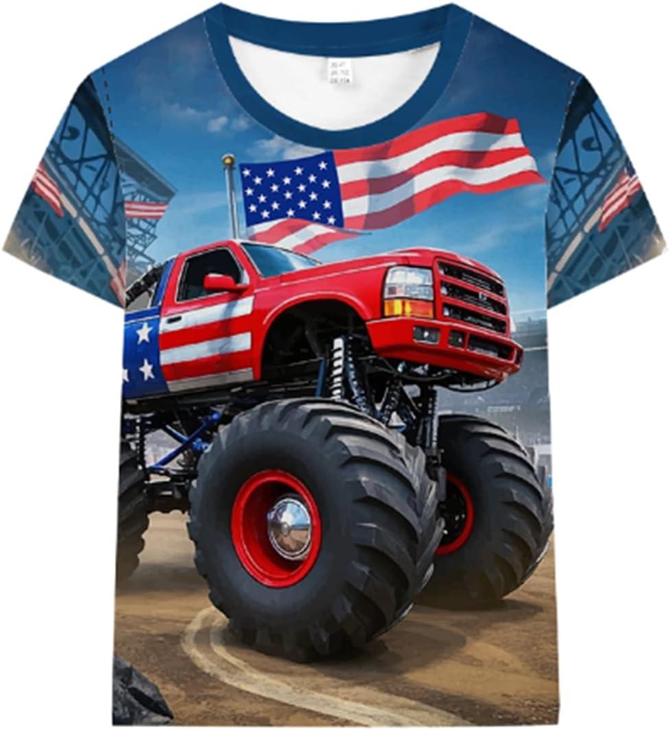 Boys 4th of July Shirt American Flag Tshirt for Kids USA Flag Outfits Toddler Patriotic Tee Monster Truck Top T-Shirt 3-10T
