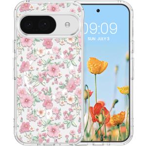 RALEAVO for Google Pixel 9/9 Pro Case Compatible with MagSafe Clear Floral Pattern Design Cute for Girls Women Slim Magnetic Hard Back Shockproof Phone Case for Pixel 9/9 Pro,Pink Flowers