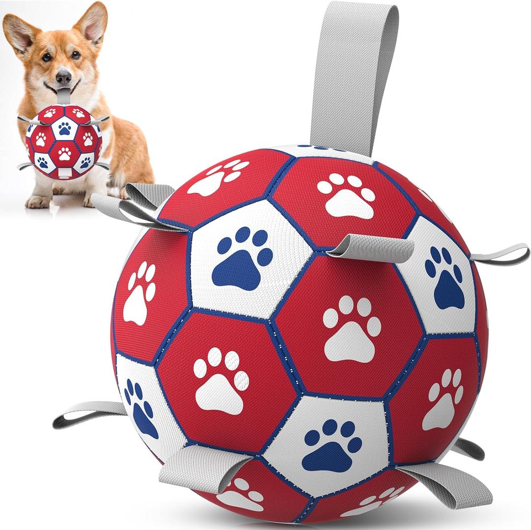 Diman Dog Balls, Dog Soccer Ball with Straps for Indoor Outdoor Play, Pet Toys Balls for Small Medium Dogs, Dog Birthday Gift, Interactive Dogs Toy for Tug of War (6 inch) (Red)