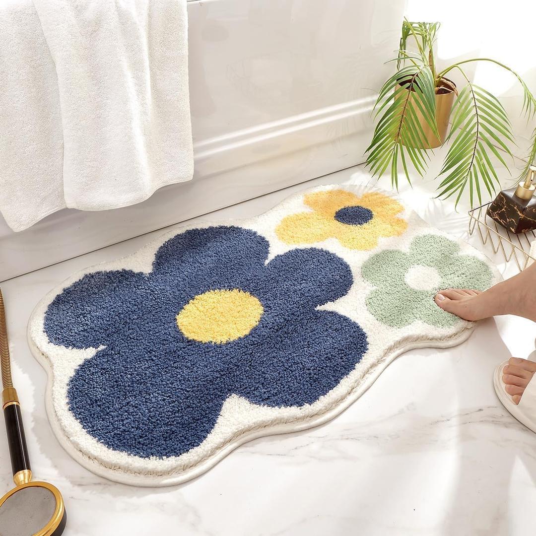 Flower Bathroom Rug Super Absorbent and Thick Microfiber Non Slip Bath Mat Machine Washable and Shaggy Bath Carpet for Bathroom, Bedroom and Living Room (24"x16", Yellow)