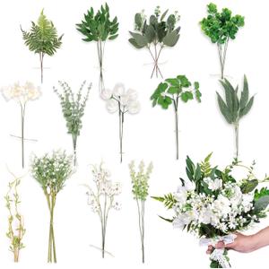 CEWOR Artificial Greenery Stems Box Set 45pcs with 13 Kinds of Fake Greenery Fake Greenery Stems for Wedding Vase Bouquet Table Centerpieces and Spring Floral Arrangement Decor (Green)