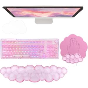 Gel Cloud Wrist Rest Keyboard Clear Pink Mouse Pad with Wrist Rest Set 3PCS Ergonomic Cool Keyboard Wrist Pad Cute Acrylic Coaster Non-Slip Base Cute Transparent Mouse Wrist Pad Support for Computer