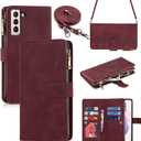 iCoverCase for Samsung Galaxy S21 Plus Wallet Case with Card Holder, Kickstand Feature PU Leather Case with Adjustable Crossbody Lanyard Magnetic Clasp Zipper Pocket Flip Cover (Claret)