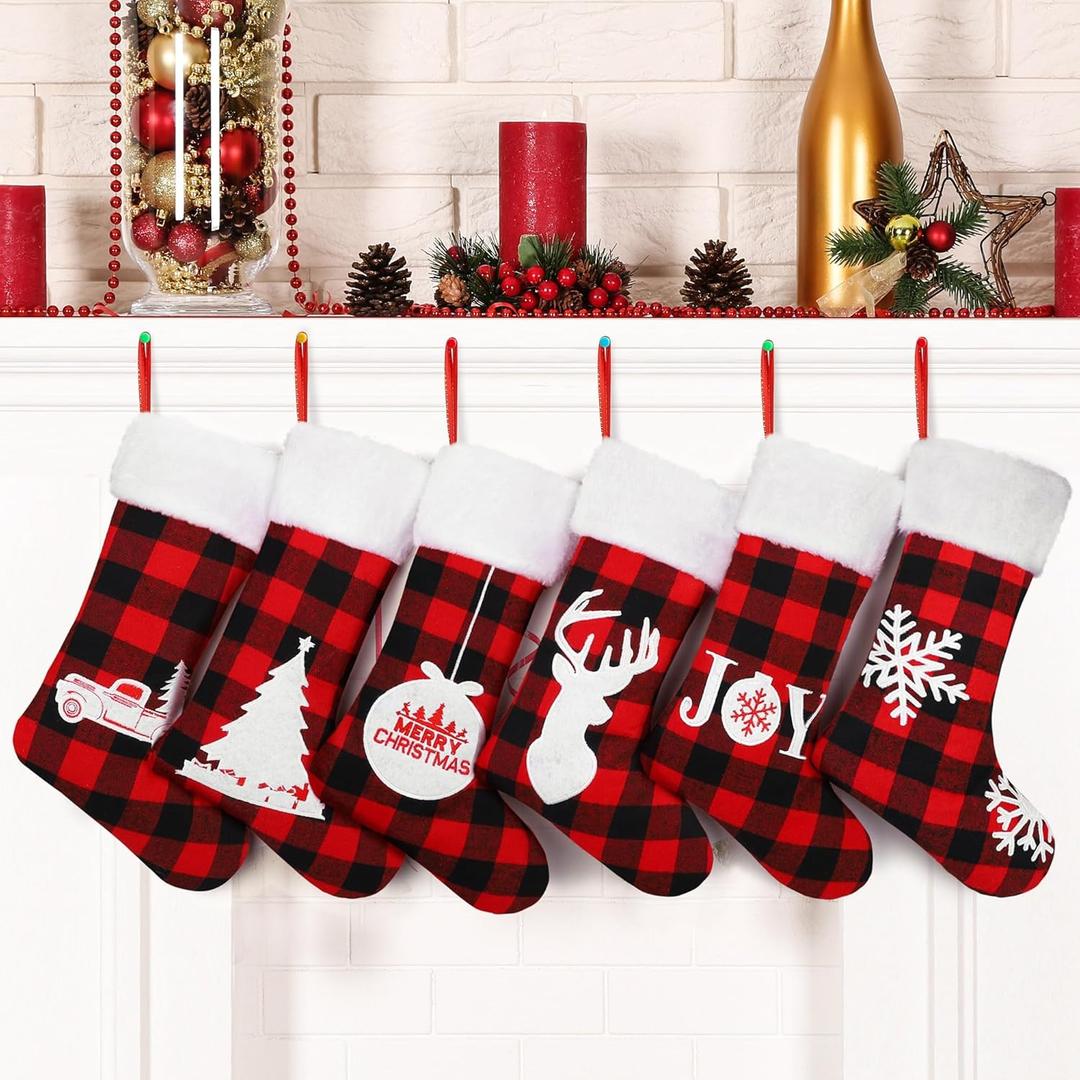 Aodaer 6 Pack Red and Black Christmas Stockings with Embroidered Pattern Plush Cuff 18 Inch Large Buffalo Plaid Hanging Stockings with Reindeer Snowflake Pattern for Family Holiday Xmas Decorations