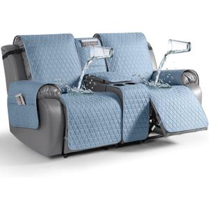 TAOCOCO 100% Waterproof Loveseat Recliner Cover with Console, Non-Slip Washable Reclining Couch Cover for 2 Seats, Furniture Protector for Dogs, Sky Blue