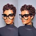 Pixie Cut Human Hair Wigs for Black Women Short Layered Curly Pixie Cut Wigs With Bangs Deep 99j Color for Daily Use Glueless Brazilian Virgin Curly Human Hair Wig (Deep 99j)