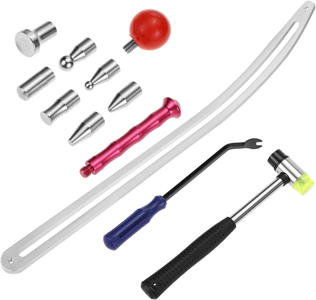 QWORK Car Dent Removal Tool Kit, Stainless Steel Auto Fender Repair Puller, Crowbar Tools Hook Rods, Lifter Big Curved Rod, with Curved Rods, Rubber Mallet, and Hooks