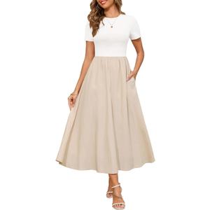 Annebouti Womens 2025 Summer Spring Maxi Dress Trendy Elegant Short Sleeve Cotton Top Casual Long Dress with Pockets (Small, White and Apricot)