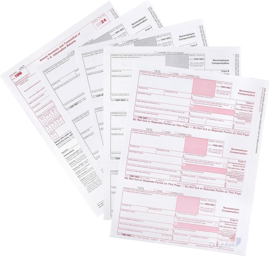 1099 NEC 2025 Tax Forms 3 Part Laser Tax Forms Kit,15 Pack of Federal/State Copy's, 1096's Great for QuickBooks and Accounting Software, 15 Pack