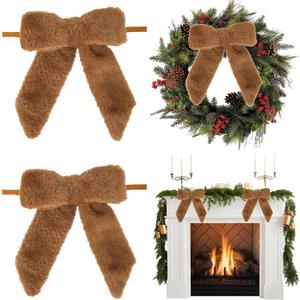 AIMUDI Brown Bows 7''9'' Christmas Bows for Gift Wrapping Faux Fur Present Bows Premade Bows for Christmas Trees Fireplaces Wreaths Staircases Crafts Home Outdoor Winter Decoration, 6 PCs