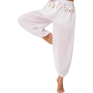 FiwoXam Women's Belly Dance Party Costume Coins Lantern Pants Side Split Sequin Shiny Harem Pants Arabic Halloween Trousers (White, One Size)