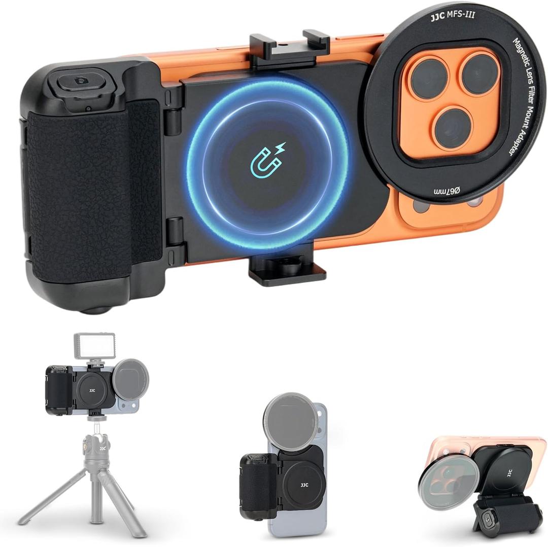 Upgraded 67mm Phone Lens Filter Mount + Phone Camera Grip Set for iPhone 17 16 15 14 Pro Pro Max Plus Air,Magnetic Filter Adapter w Cold Shoe & 1/4" Hole Pull-Out to Fit Pro Max Plus (No Filters)