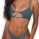 ZAFUL Women's Sexy Cutout Bikini Thong Bikini Set Tie Back Two Piece Swimsuit Bathing Suit (Blue), Medium