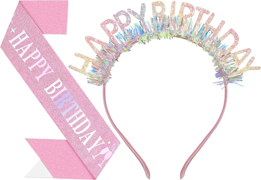 Birthday Headband with Sash for Women, Birthday Crwon Tiara for Decorations