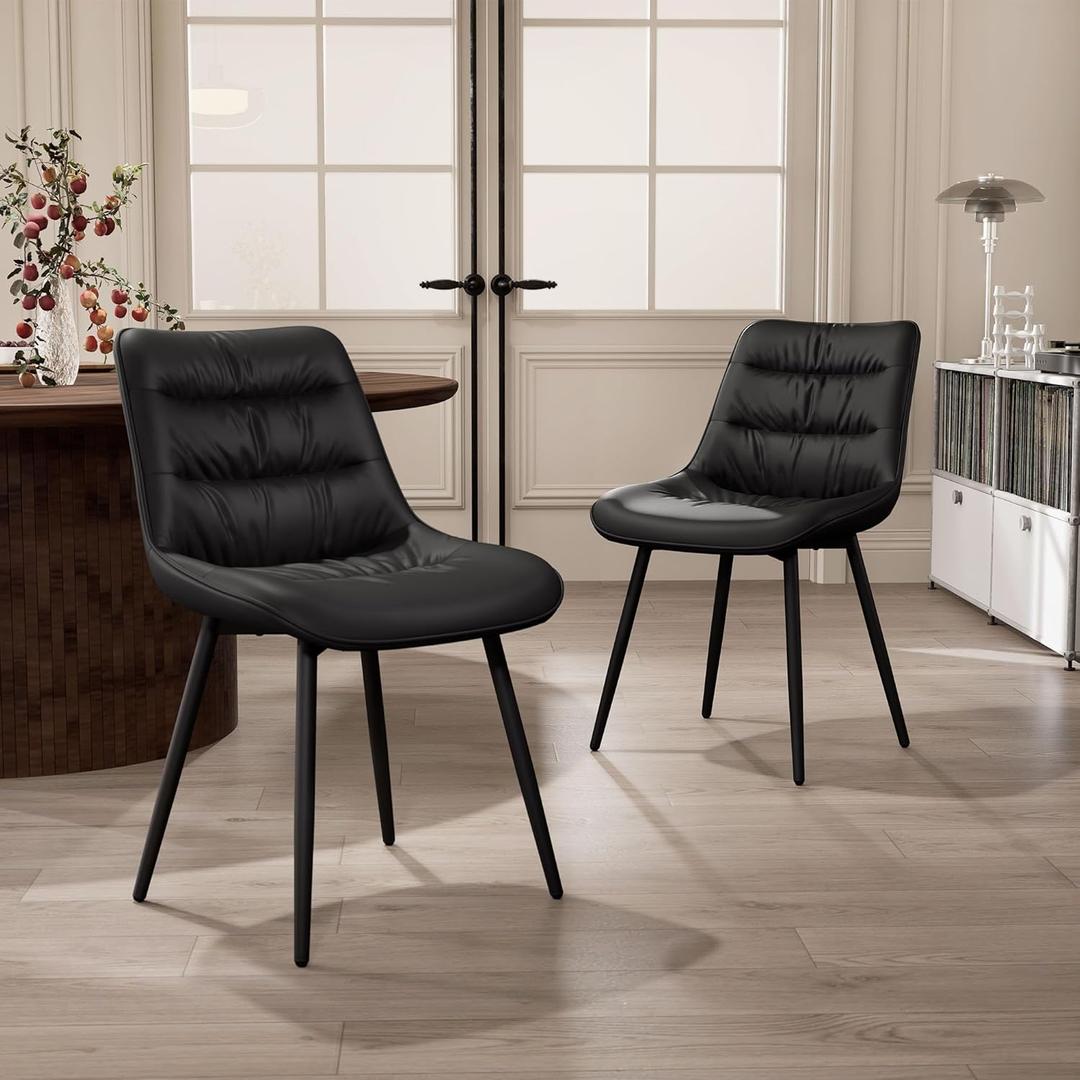 Kidol & Shellder Dining Chairs Set of 2, Modern Upholstered PU Leather Kitchen Side Chairs with Comfortable Back - Mid-Century Armless Chair for Dining Living Room Bedrooms, with Metal Legs (Black)