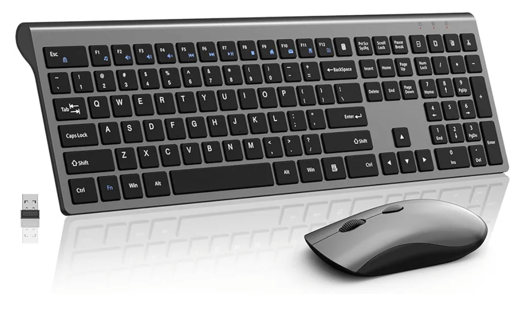 Wireless Mouse and Keyboard Combo, Silent FullSize Computer Keyboard with Calculator Button, 2400 DPI Mouse, Quiet Click, Slim Cordless USB Set for Laptop PC Windows Mac  Space Grey