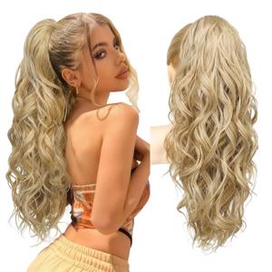 REECHO Ponytail Extension, 24" Claw Clip Ponytail Extension Wavy Ponytails Hair Extensions Jaw Clip on Pony Tails Natural Synthetic Hairpiece for Women Daily, Golden with Blonde Highlights