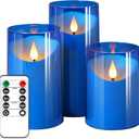 Flameless Candles: LED Pillar Acrylic Electric Battery Candles with Remote and Timer for Wedding Party Home Valentine Romantic Decor - Pack of 3 Blue