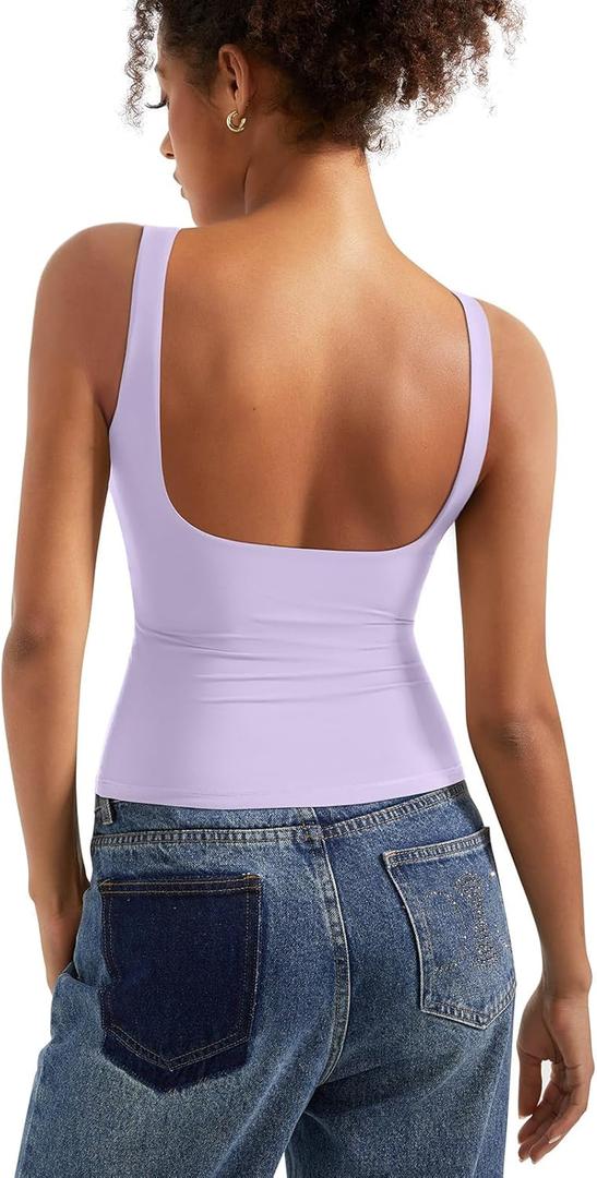 SUUKSESS Women Padded Open Back Boat Neck Tank Tops Double Lined Basic Shirts (Medium, Light Purple)