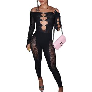 Womens Sexy Off Shoulder Leopard Mesh Jumpsuit Rhinestone Cutout One Piece Lace Bodysuit Nightclub Party Outfits (Black, XL)
