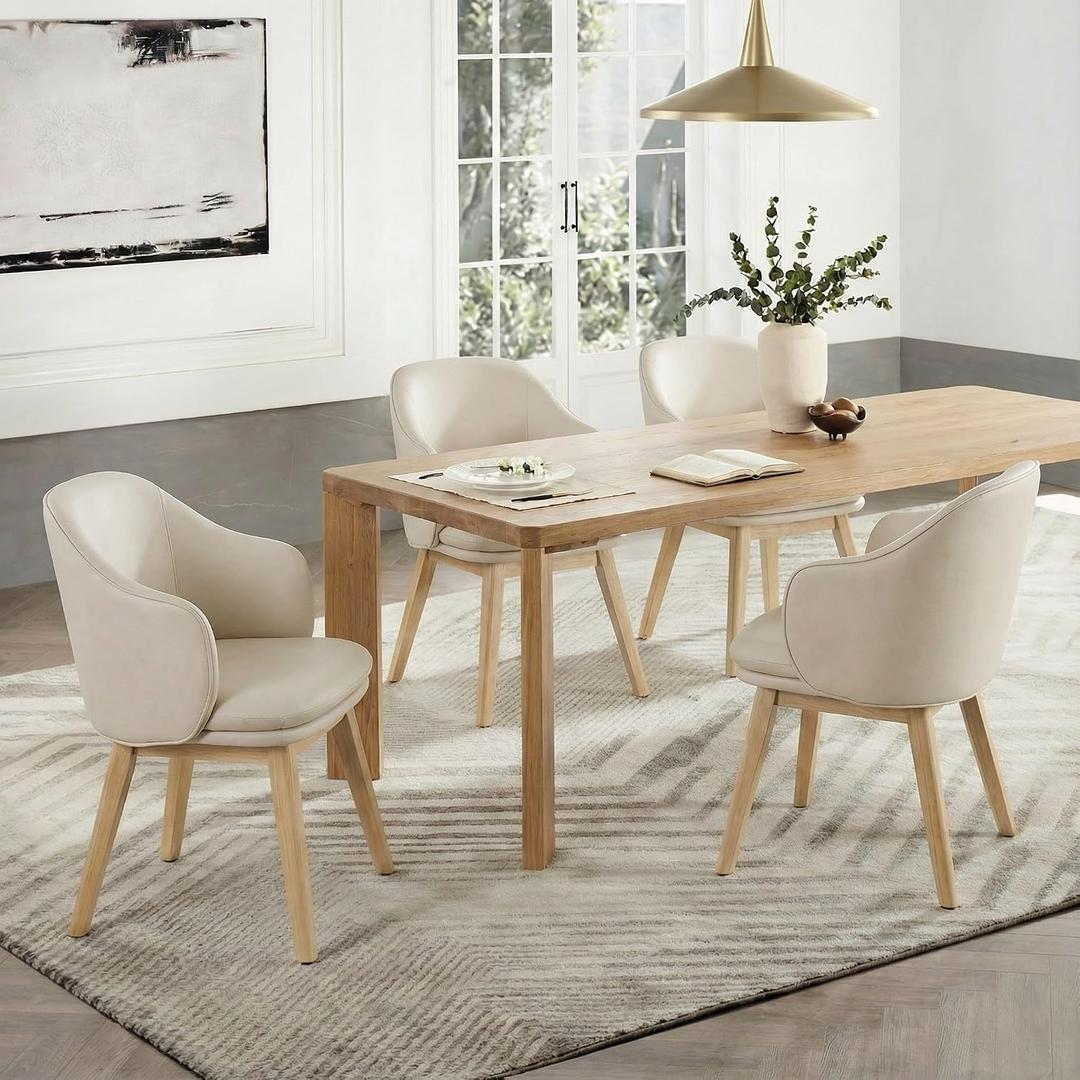 KISLOT Wooden Dining Chairs Set of 4, Faux Leather Upholstered Modern Dining Room Chairs with Barrel Backrest & Double-Layer Thick Cushion for Living Room, Restaurant, Kitchen and Caf, Beige, 2 Boxs