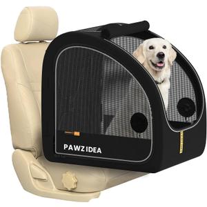 PAWZIDEA Portable Dog Crate for Car Travel, Collapsible Pet Travel Crates for Large Dogs, Enclosed Soft-Sided Car Kennel Carrier for Backseat, Secures w/Seatbelt & Headrest Strap, Chew-Proof