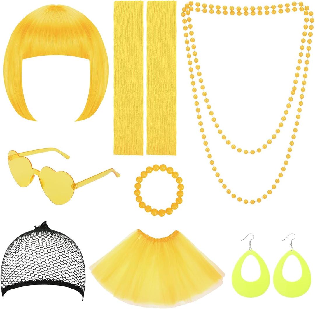 Colorful Short Bob Wigs Set with Party Neon Wig Tutu Skirt Leg Sleeve 80s Accessories for Bachelorette Party Costume (Yellow)