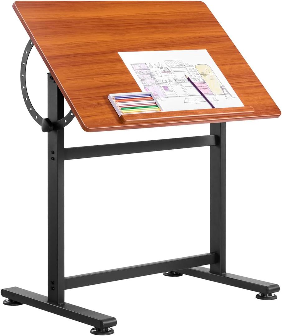 VEVOR Drafting Table, Adjustable 090 Tilt Drawing Desk, Portable Artist Table with Black H-Frame and Brown Desktop, Wooden Painting Desk Craft Workstation for Reading, Writing, Crafting, Meeting