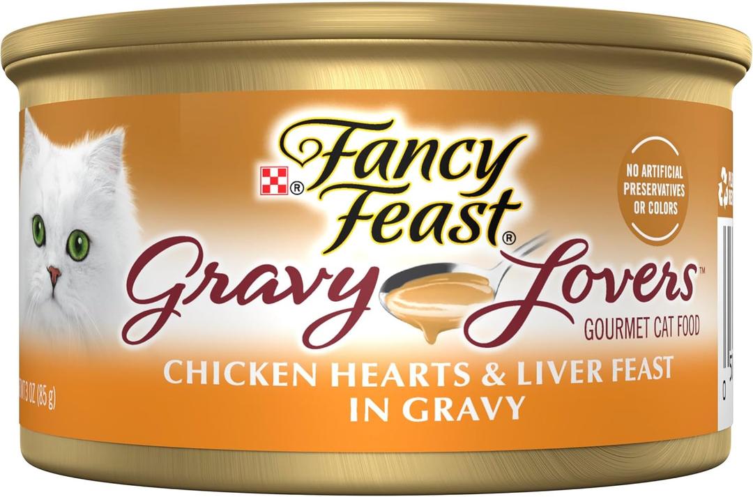 Purina Fancy Feast Gravy Lovers Chicken Hearts and Liver Feast Grilled Gourmet Cat Food in Wet Cat Food Gravy - (Pack of 24) 3 oz. Cans, Best By 11/2027