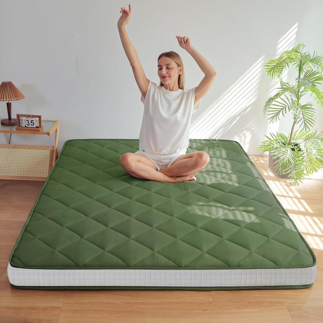 MAXYOYO 6" Extra Thick Futon Mattress Floor Mattress, Full Size Diamond Pattern Japanese Tatami Pad Roll Up Mat for Adults, Guest, Green