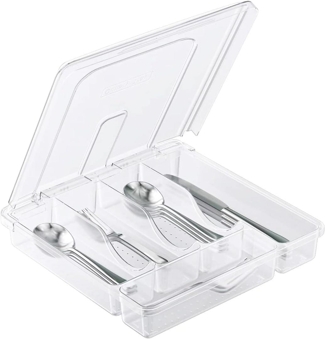 Utensil Holder for Countertop with Lid, Plastic Silverware Tray for Drawer, 5 Compartments Flatware Organizer, Transparent