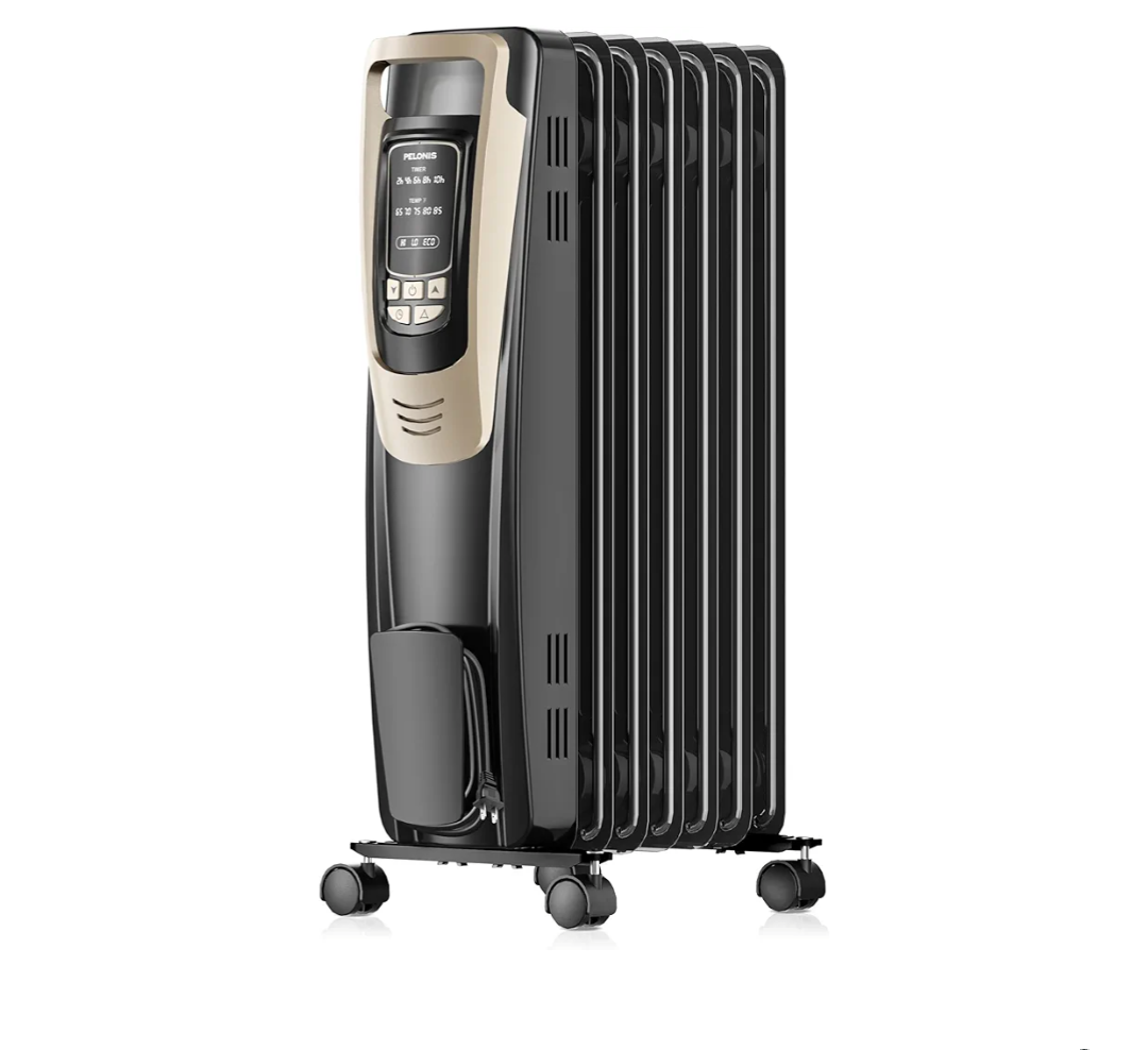 PELONIS Champagne Oil Filled Radiator Heater with Remote and Thermostat, 5 Temperature Settings for indoor use Large Room, Energy Efficient Electric Space heater with Safety Features