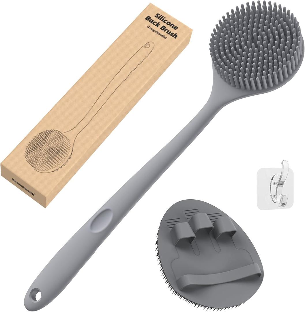Manmihealth Silicone Back Scrubber(Thick Bristles) & Soft Bath Glove Set, Super-Exfoliating Body Scrubber & Super-Lathering Shower Brush Combination, with a Free Hook.(Gray)