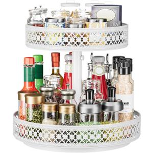 Lazy Susan Organizer 2 Tier - Turntable Spice Rack 12 inch Adjustable Metal Rotating Lazy Susan for Cabinet Pantry Kitchen Countertop Dining Table Cupboard Bathroom Vanity Storage White