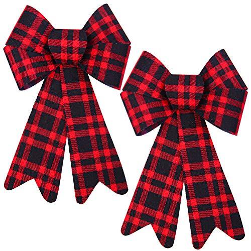 Aneco 2 Pack 12 x 18 Inches Red Buffalo Plaid Christmas Bows Christmas Wreaths Bows Xmas Plastic Bows for Christmas Tree, Garland and Outdoor Decoration