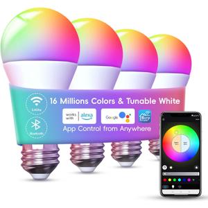 WiFi Smart LED Light Bulb - Color Changing Bulbs App Control, 2.4Ghz Bluetooth Smart A19 Bulbs Music Sync, Magic RGB Light Bulb Work with Alexa and Google Assistant, E26 LED Bulb, 4 Pack