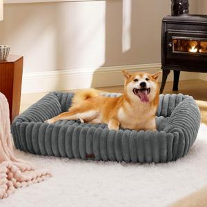 Bedsure ComfyFleece Cute Dog Bed for Large Dogs - Washable Furry Puppy Beds, Rectangle Orthopedic Corduroy Fleece Pet Beds with Removable Zipper Cover, 36x27x8inches, Warm Grey