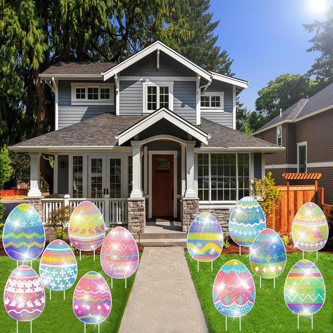 Easter Decorations Outdoor, 12pcs Colorful Easter Egg Decorations with Laser Printing & Reflective Sparkle, Outdoor Indoor Easter Egg Hunt Party Decor (8.7"x11.8")