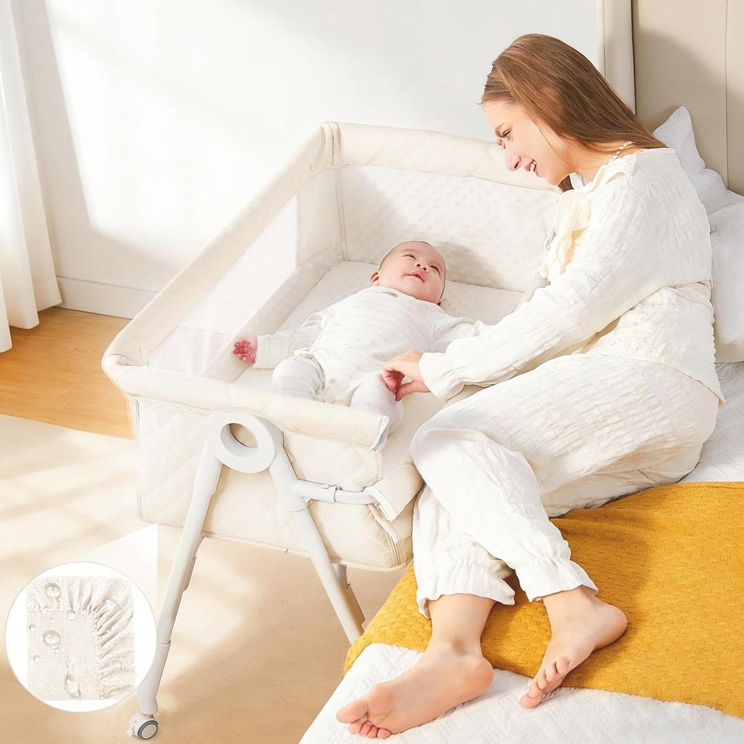 Baby Bassinet Bedside Sleeper - Upgrade Safety Bassinets with Crib Sheet, Easy to Move, 4 Adjustable Height Bedside Bassinet for Infant Newborn, Cream | More Safer