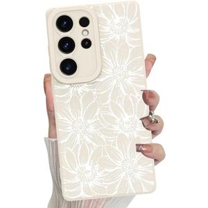MZELQ for Samsung Galaxy S25 Ultra Case, Silicone White Floral Flowers Sunflowers Cute Pattern, Camera Protection Soft Slim Phone Case for Girls Women -White