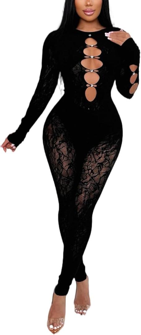 Black Lace Jumpsuits for Women Sexy, Long Sleeve, Cutout Design, Bodycon Fit (Large)