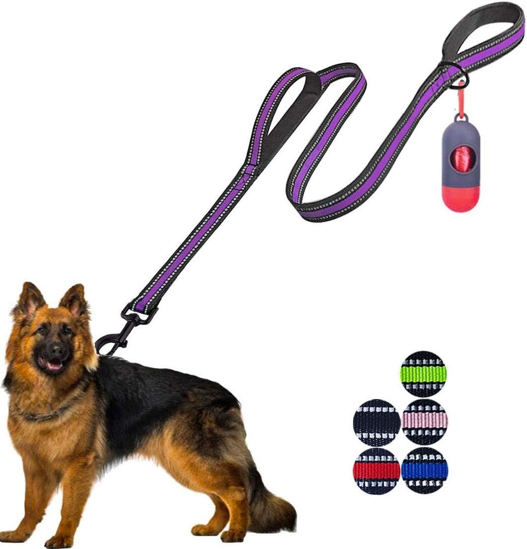 JSXD Heavy Duty Double Handle Dog Leash - 5 FT with Comfortable Padded and Reflective Rope, for Small to Large Dogs (Wide-Purple)