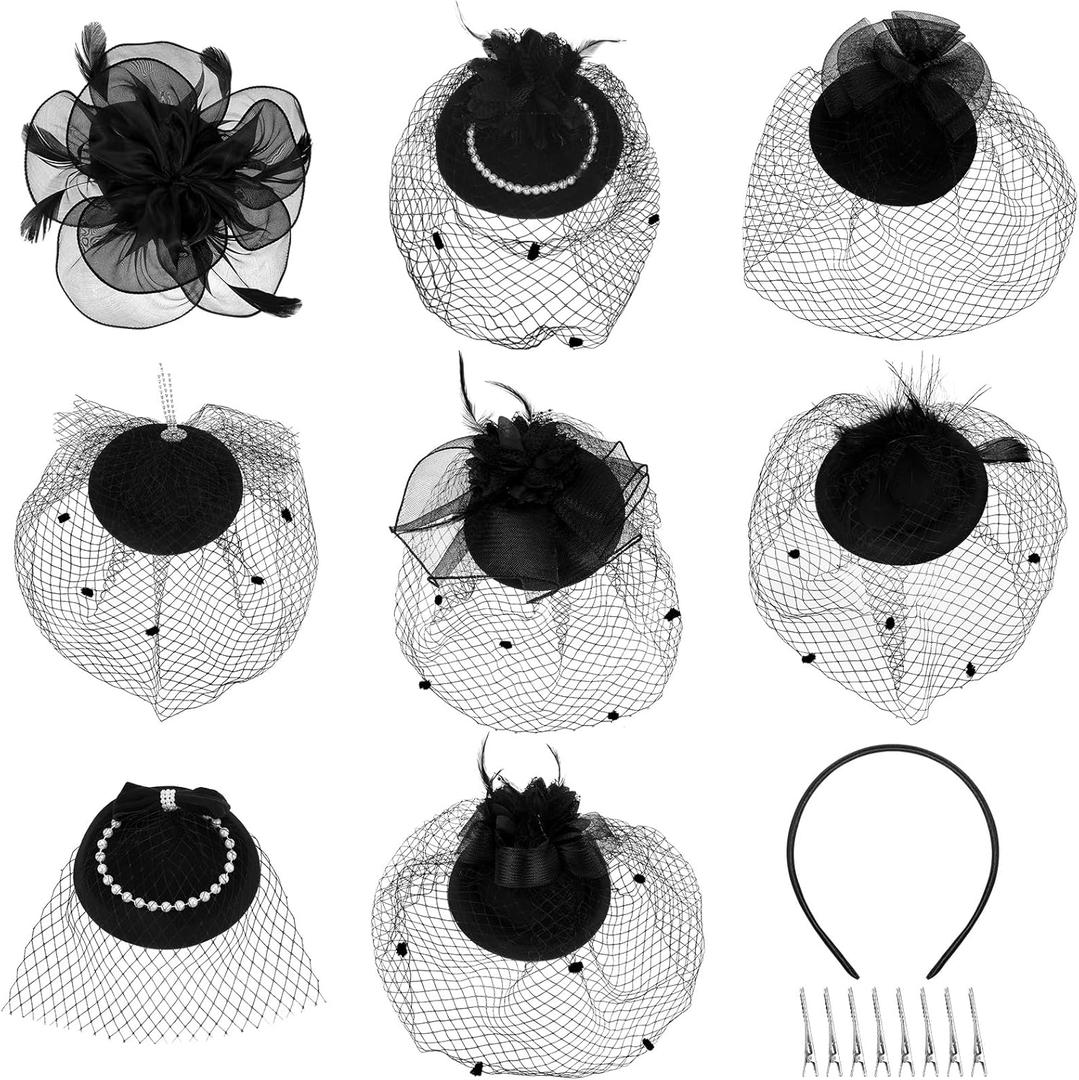 Geyoga 8 Pcs Mardi Gras Fascinators Funeral Hats Pillbox Hat with Veil Feather Headband for Women Tea Party Carnival Costume (Black)