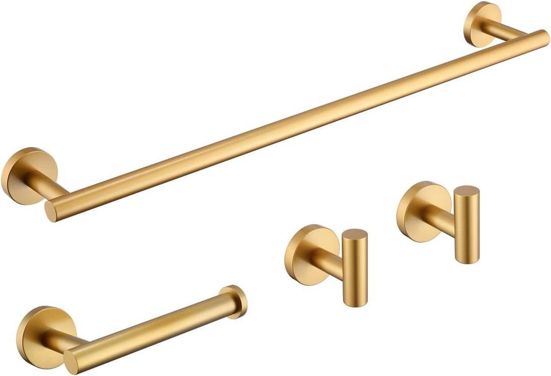 4-Piece Bathroom Accessories Set Stainless Steel Wall Mount Gold - Includes 24-Inch Towel Bar, Toilet Paper Holder, 2X Robe Hooks, BS100S4B-BG