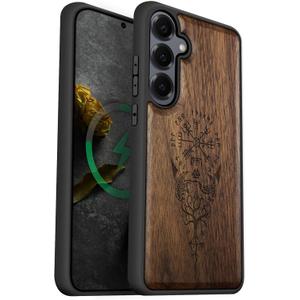 Carveit Magnetic Wooden Case for Samsung Galaxy S25 Case 2025, TPU Shockproof Cover & Wood Artisan Engraved, Compatible with MagSafe Wireless Chargers (The Guiding Vegvisir) Walnut (Viking Compass-Walnut)