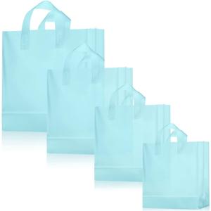 Weewooday 100 Pcs Frosted Plastic Gift Bags with Handles for Small Business Clear Shopping Bags with Cardboard Bottom,4 Sizes (Blue)