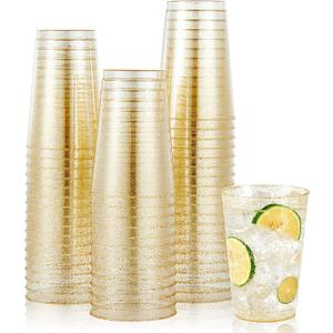 JOLLY CHEF 100 Pack 12 oz Gold Plastic Cups, Disposable Gold Cups, Heavy-duty Party Glasses for Wedding, Thanksgiving, Christmas Parties