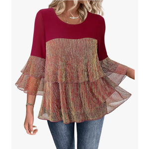 Bebonnie Womens Dressy Sparkly Peplum Tops 3/4 Sleeve Ruffles Elegant Evening Flowy Blouses(M)